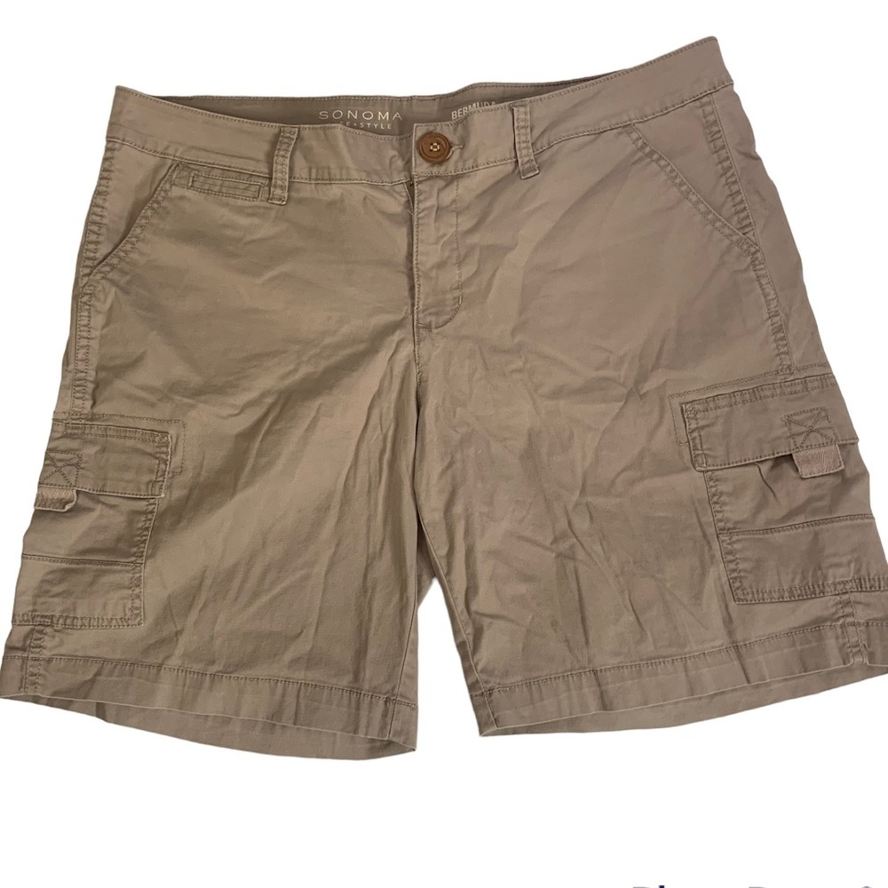 𝅺Sonoma Life Womens Cargo Shorts Plus Size 14 Tan Beige Pockets Knee Length